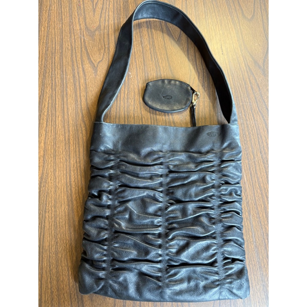 Lupo Barcelona Black Leather Ruched Hobo Shoulder Bag with Coin Purse Pouch